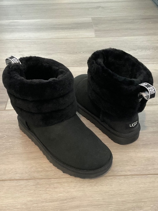 UGG Shoes - UGG Classic Mini Fluff Quilted Sheepskin Boots in Black Suede Size 7 NEW